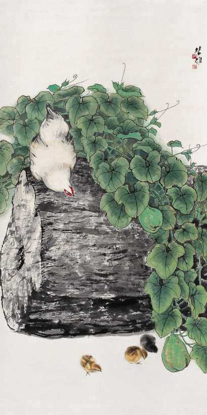 方楚雄 母鸡和小鸡 立轴